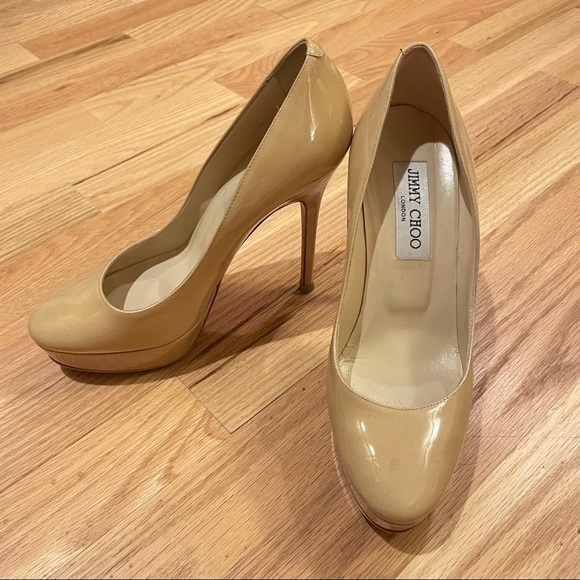 Jimmy Choo beige patent leather platform stiletto heels size 6.5 - Picture 3 of 9
